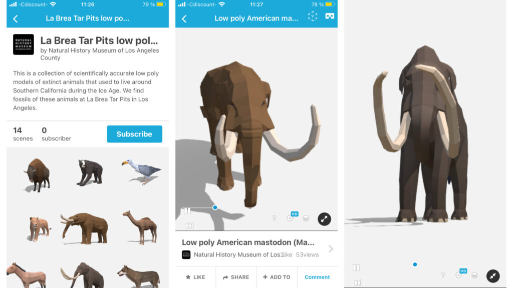 Les mammouths en AR dans l'app. // Source : Captures d'écran Sketchfab sur iPhone
