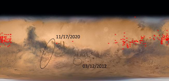 Emplacement du nuage (11/12/2020) sur Mars. // Source : CNRS