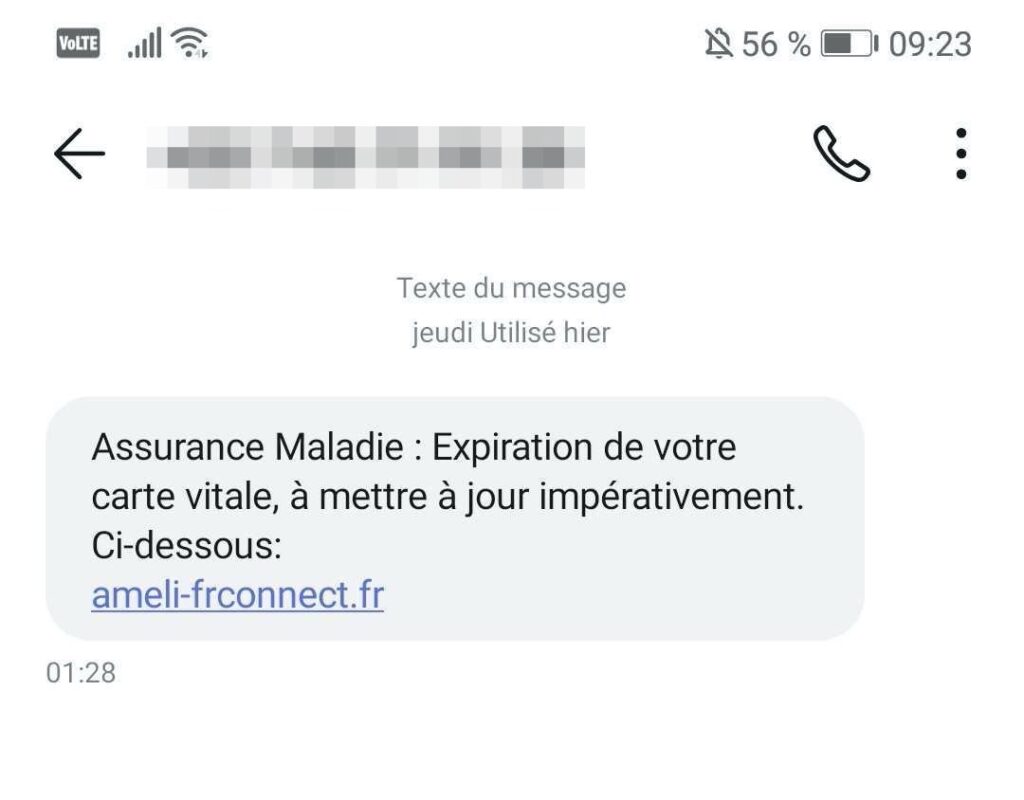 Le SMS contenant la tentative de phishing // Source : Capture d'écran Numerama