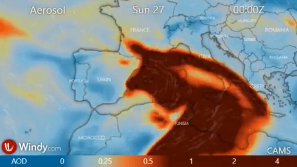 Ce nouvel épisode de vents venant du Sahara touchera le sud de la France. // Source : Images Windy.com