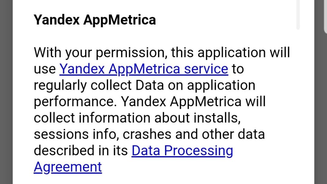 Les conditions d'utilisations de l'appli Call Ukraine précise que Yandex collectera des données depuis son SDK AppMetrica // Source : BB Les conditions d'utilisations de l'appli Call Ukraine précise que Yandex collectera des données depuis son SDK AppMetrica // Source : BB