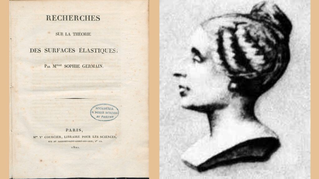 Sophie Germain (à droite) et son mémoire de recherche récompensé (à gauche).