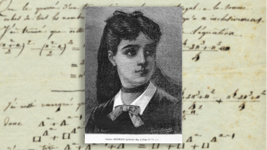 Portrait de jeunesse de Sophie Germain. // Source : Portrait/fond Unsplash/Montage Numerama-Nino Barbey