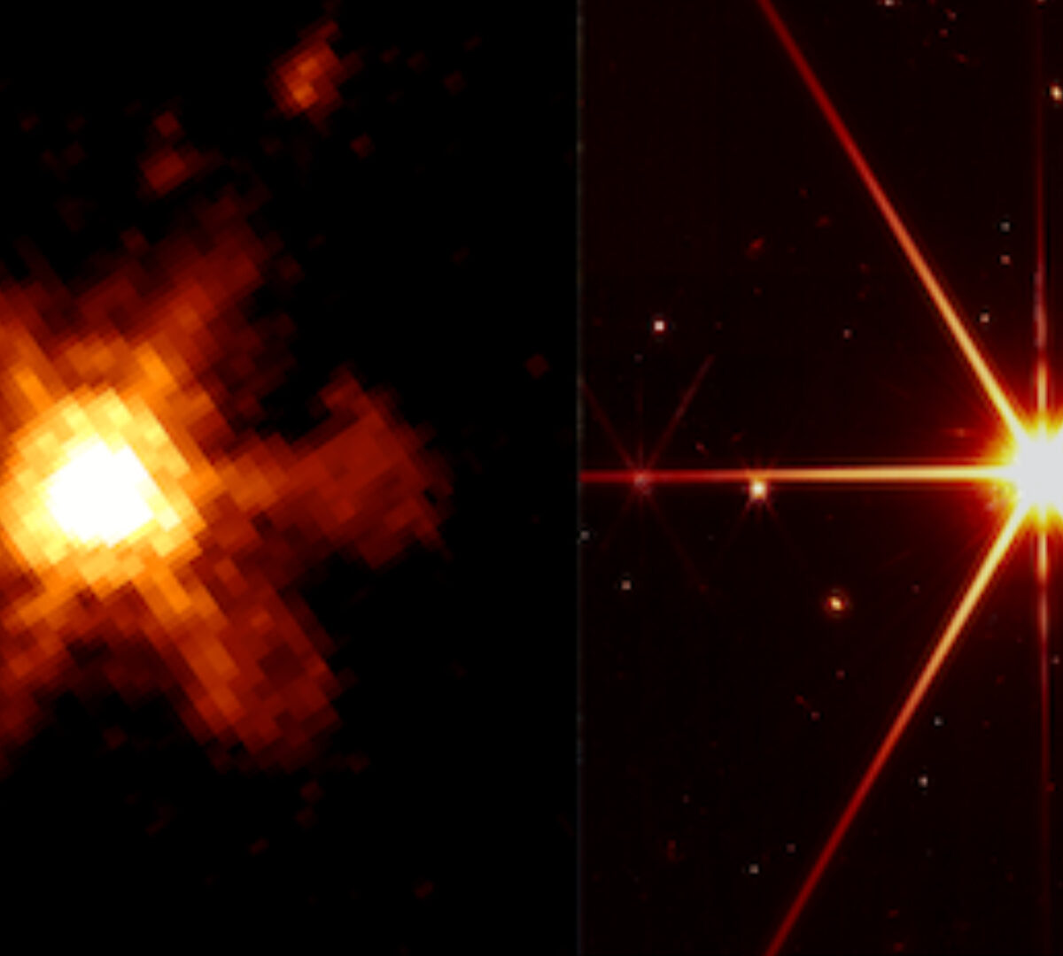 Spitzer à gauche, JWST à droite. // Source : Via Twitter @fox_ori (image recadrée)