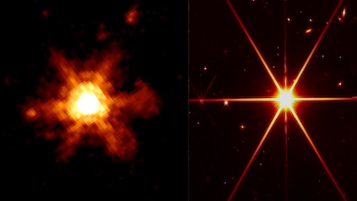 Spitzer à gauche, JWST à droite. // Source : Via Twitter @fox_ori (image recadrée)