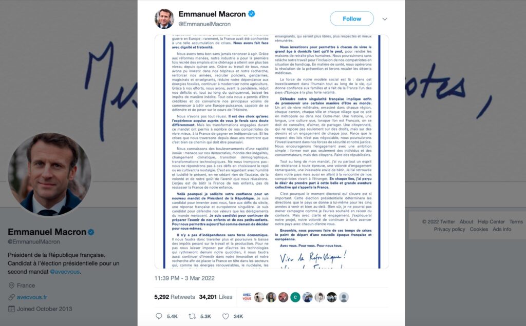 Une capture d'écran du tweet d'Emmanuel Macron contenant sa « Lettre aux Français » avant sa suppression // Source : Web Archive
