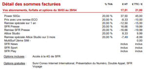 Exemple de facture avec option SFR Presse à 19,99 euros par mois et une remise de 19,99 euros. // Source : NextImpact