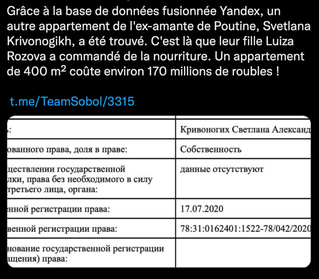 Le compte Twitter de l'opposante russe Lyobov Sobol expose des informations sur la prétendue maîtresse de Vladimir Poutine. // Source : Twitter