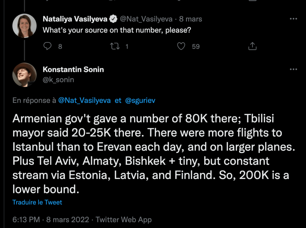 Konstantin Sonin, un économiste russe avance que 80 000 citoyens russes ont fuit en Arménie et 25 000 ont débarqué à Tbilisi , capitale de la Georgie. // Source : Twitter
