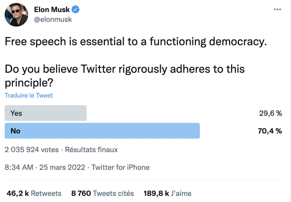 Un tweet d'Elon Musk interrogant ses abonn&eacute;s sur la libert&eacute; d'expression, dont ils seraient soi disant priv&eacute;s. // Source : Capture Numerama