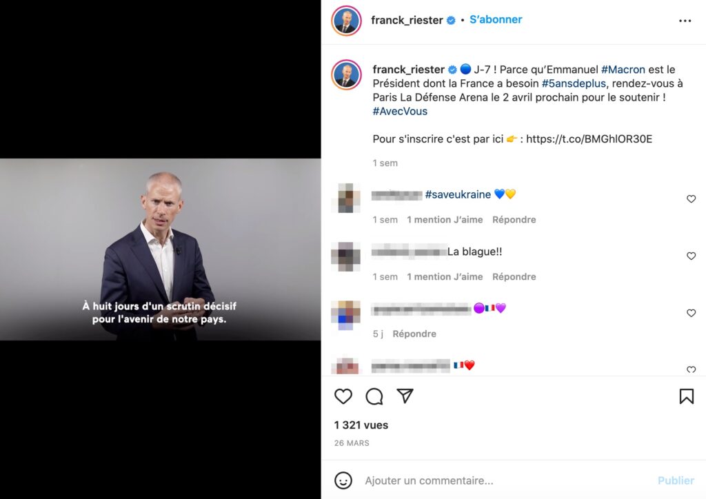 Franck Riester, le ministre délégué chargé du commerce extérieur, a publié plusieurs fois sur Instagram en appelant à voter pour Emmanuel Macron  // Source : Capture d'écran Numerama