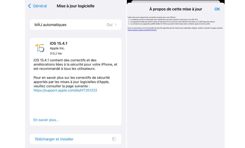 Les nouveautés d'iOS 15.4.1. // Source : Captures Numerama