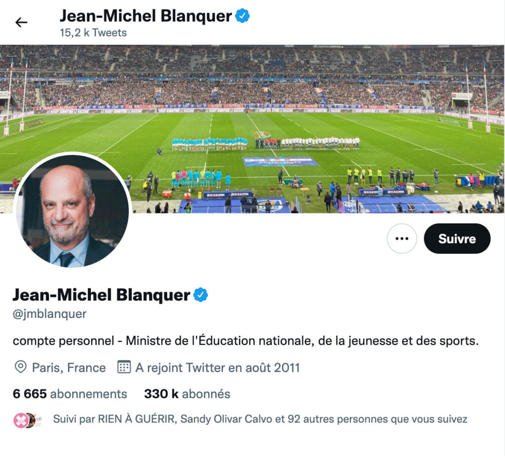 Le compte Twitter de Jean-Michel Blanquer serait « personnel » // Source : Capture d'écran Numerama