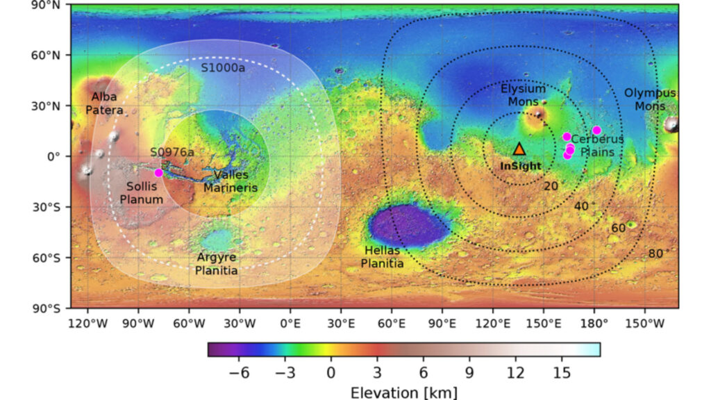 Carte de Mars. On voit l'emplacement d'InSight et la localisation des deux séismes. // Source : Horelston et al. (2022) TSR