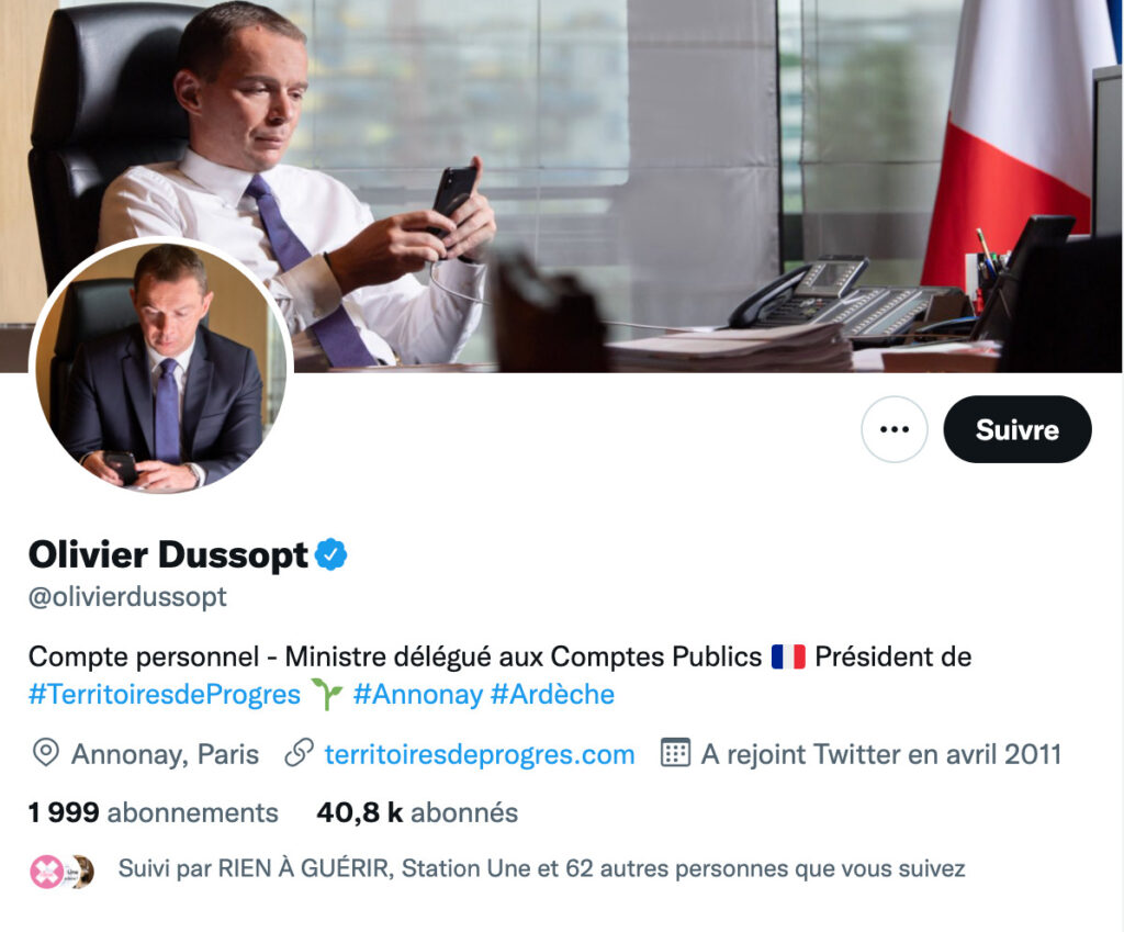 Le compte de Mr Dussopt indique être personnel devait au moins le mois de mars // Source : Capture d'écran Numerama