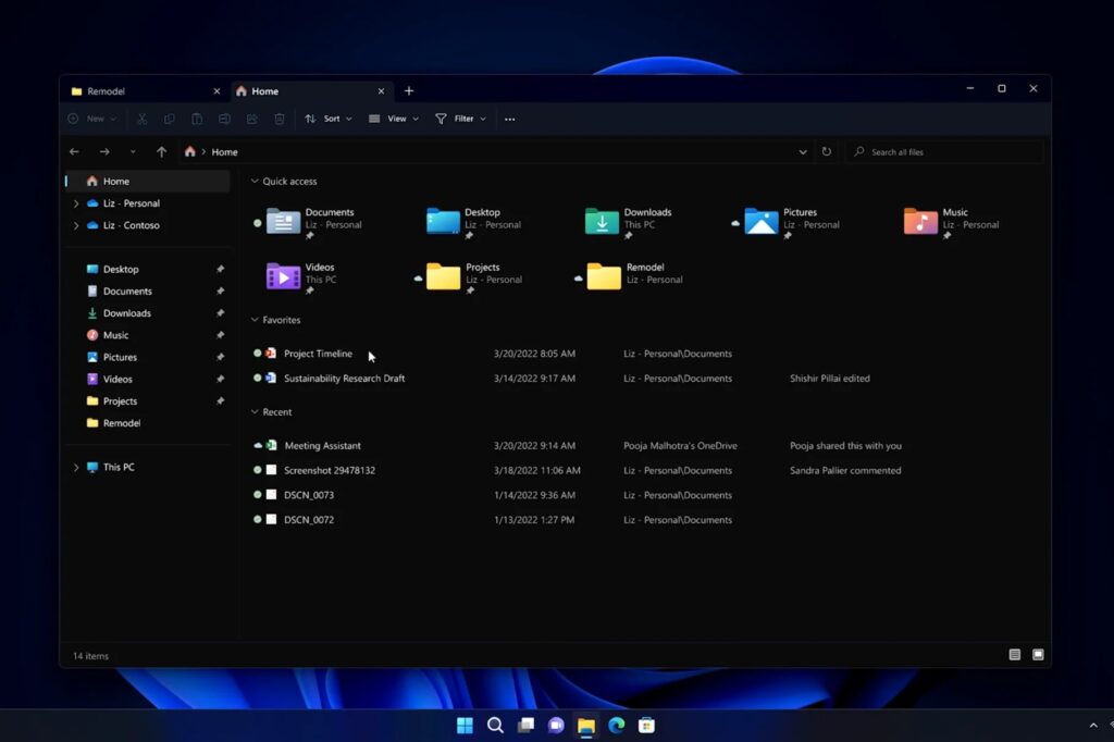 Le futur explorateur de fichiers de Windows 11, avec des onglets en haut. // Source : Microsoft