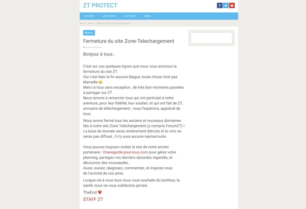 La page d'accueil de Zone-Telechargement annonce la fermeture. // Source : Capture Numerama