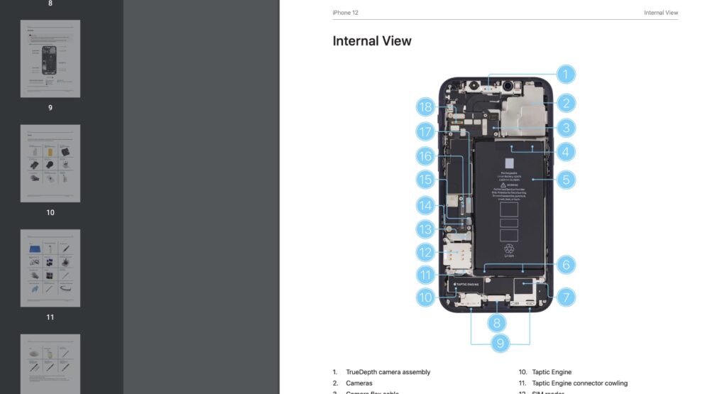 Le guide de réparation d'un iPhone 12 sur le site d'Apple. // Source : Apple