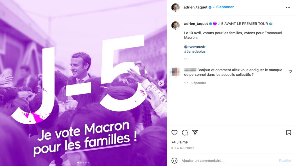 Adrien Taquet a, lui aussi, appelé à voter pour Emmanuel Macron sur son compte Instagram // Source : Capture d'écran Numerama