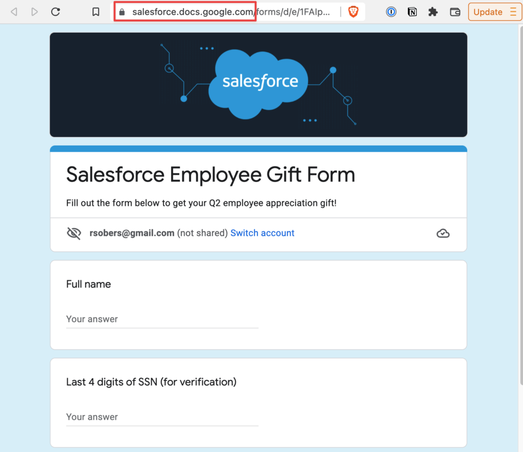The URL of this Google form has been modified by Varonis to imply a saleforces link.  // Source: Varonis