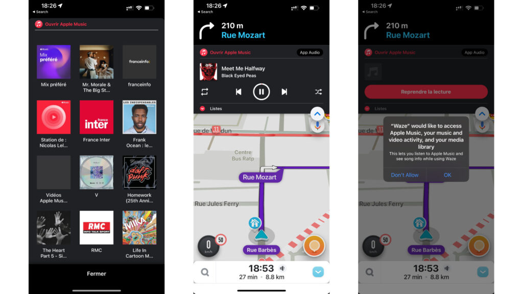 Apple Music dans Waze. // Source : Captures d'écran Numerama