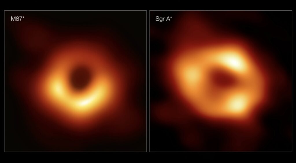 À gauche, le trou noir au coeur de M87, à droite, le trou noir au coeur de la Voie lactée. // Source : ESO/EHT