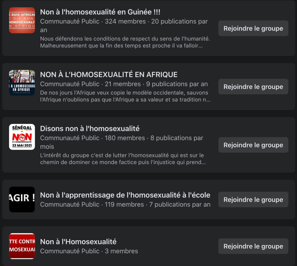 De très nombreux groupes homophobes existent sur Facebook // Source : Capture d'écran Numerama