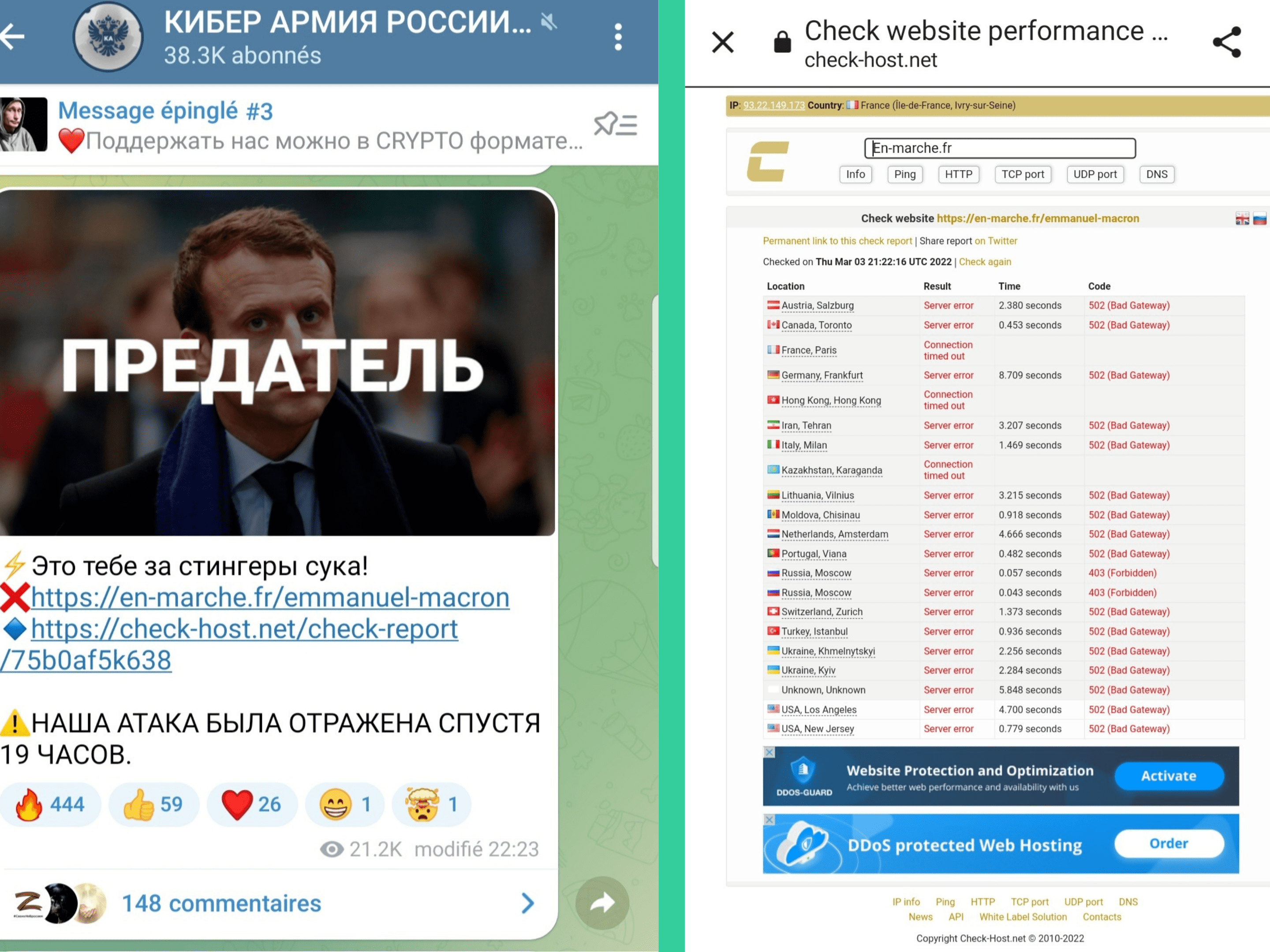 The message published on the Russian cyber army's Telegram channel congratulating itself on having brought down the LREM site. // Source: Numerama