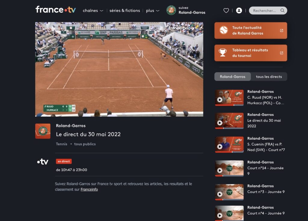La page de France.TV dédiée à Roland Garros, avec un accès à tous les cours.  // Source : Capture Numerama