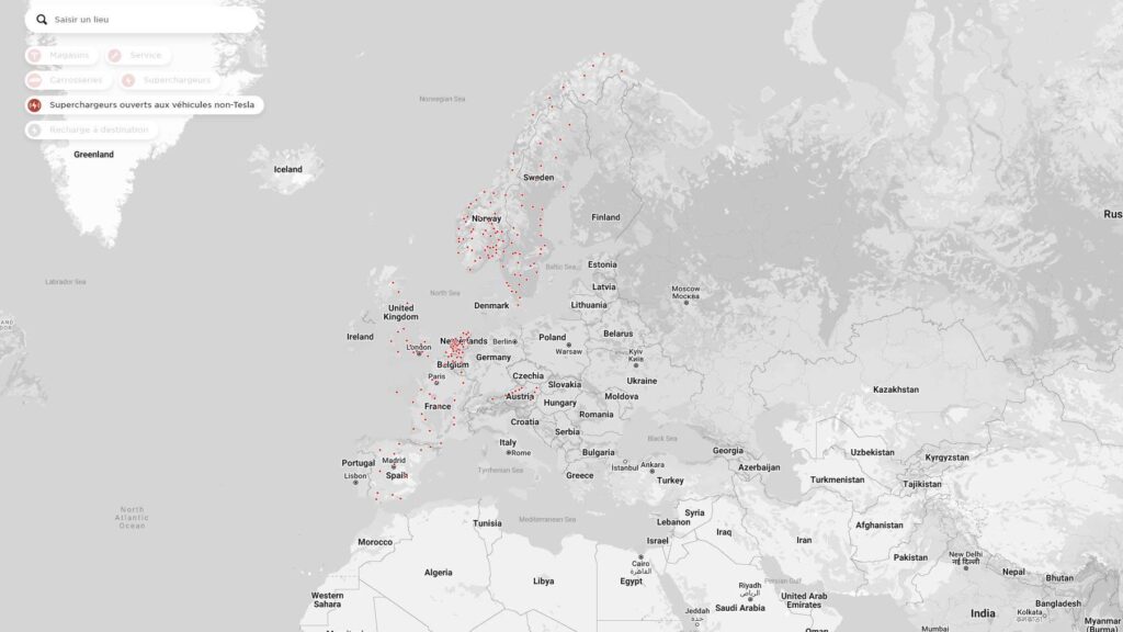 Carte des superchargeurs ouverts à tous en mai 2022 // Source : Tesla