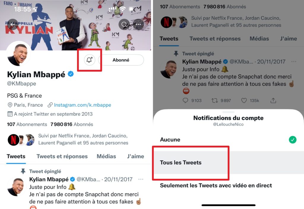 Voici comment activer les alertes sur le Twitter de Mbappé. // Source : Numerama