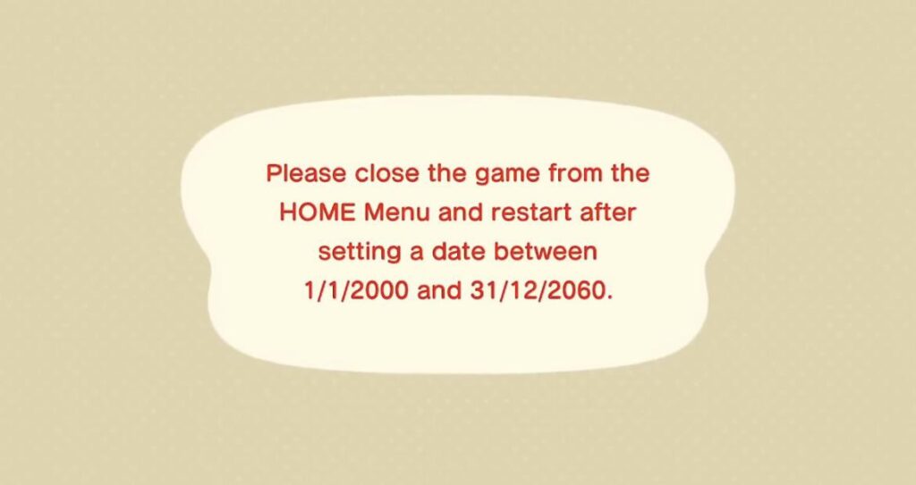 Veuillez fermer le jeu depuis le menu et relancer le jeu après avoir fixé une date entre le 1 janvier 2000 et le 31 décembre 2060 // Source : Reddit