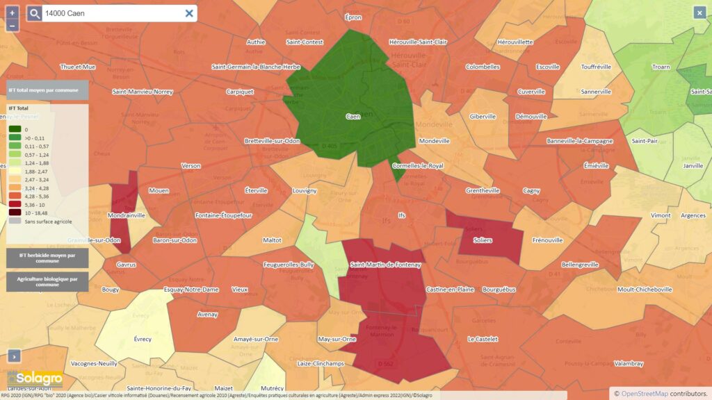 Carte Adonis, zoomée sur la zone de Caen en guise d'exemple. Les données sont disponibles commune par commune. // Source : Solagro