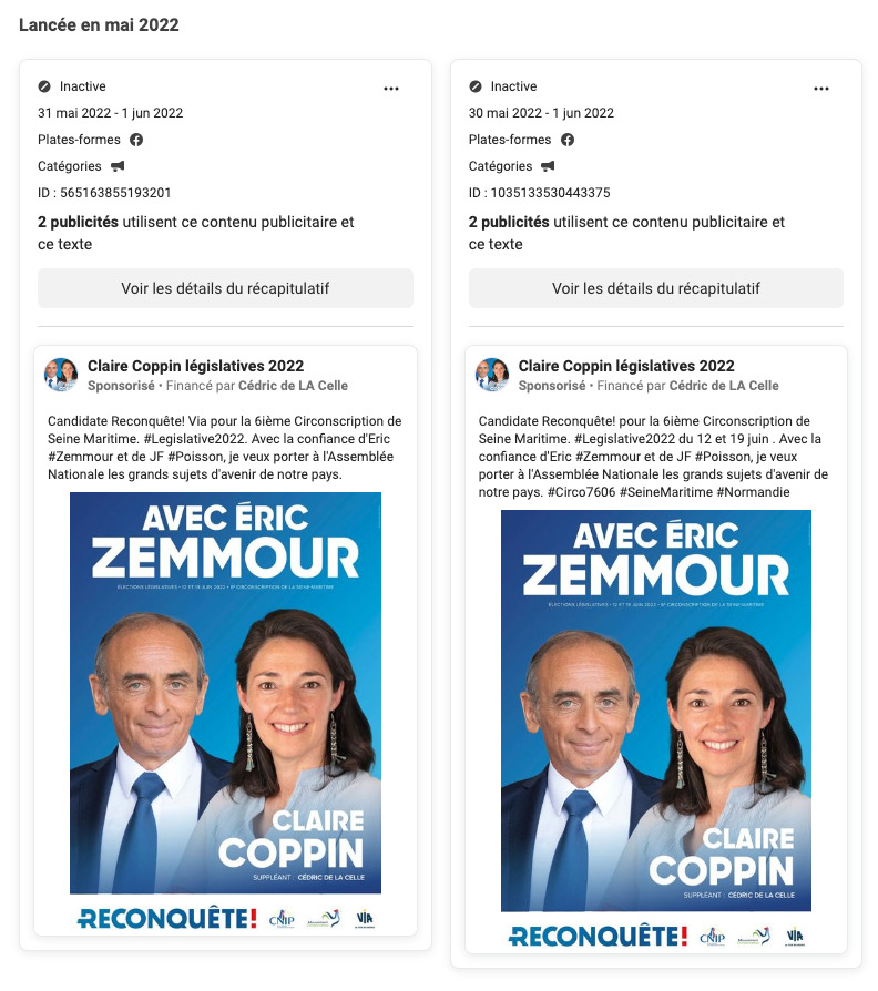 Les publications sponsorisées de Claire Coppin, la candidate Reconquête // Source : Capture d'écran Numerama