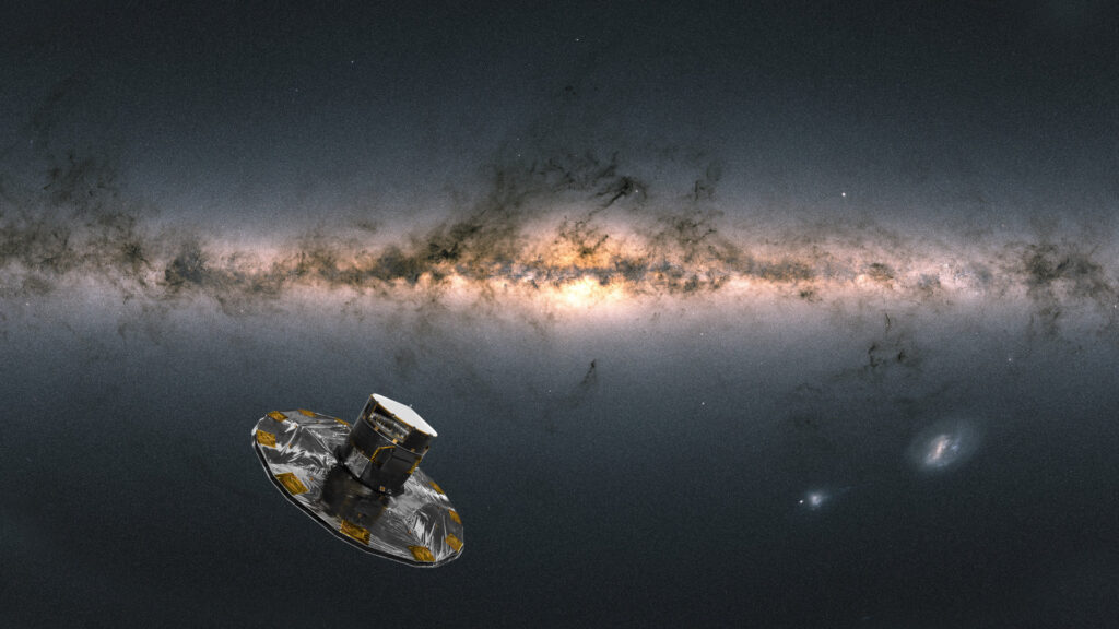 Gaia observant la Voie lact&eacute;e, vue d'artiste. // Source : Spacecraft: ESA/ATG medialab; Milky Way: ESA/Gaia/DPAC; CC BY-SA 3.0 IGO. Acknowledgement: A. Moitinho.