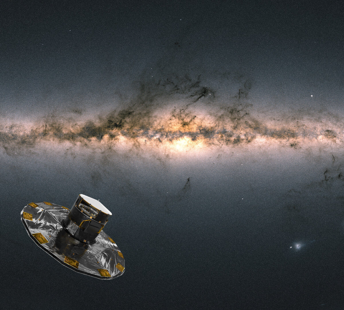 Gaia observant la Voie lactée, vue d'artiste. // Source : Spacecraft: ESA/ATG medialab; Milky Way: ESA/Gaia/DPAC; CC BY-SA 3.0 IGO. Acknowledgement: A. Moitinho.