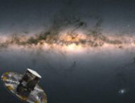 Gaia observant la Voie lactée, vue d'artiste. // Source : Spacecraft: ESA/ATG medialab; Milky Way: ESA/Gaia/DPAC; CC BY-SA 3.0 IGO. Acknowledgement: A. Moitinho.
