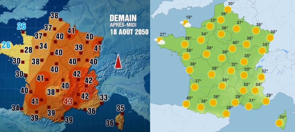 Fausse météo de 2050 vs. prévisions météo du samedi 18 juin 2022. // Source : Météo-France