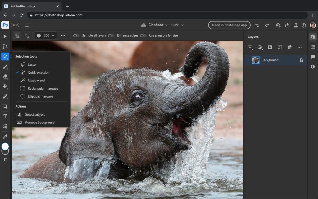 Capture d'écran de Photoshop on the web.  // Source : Adobe