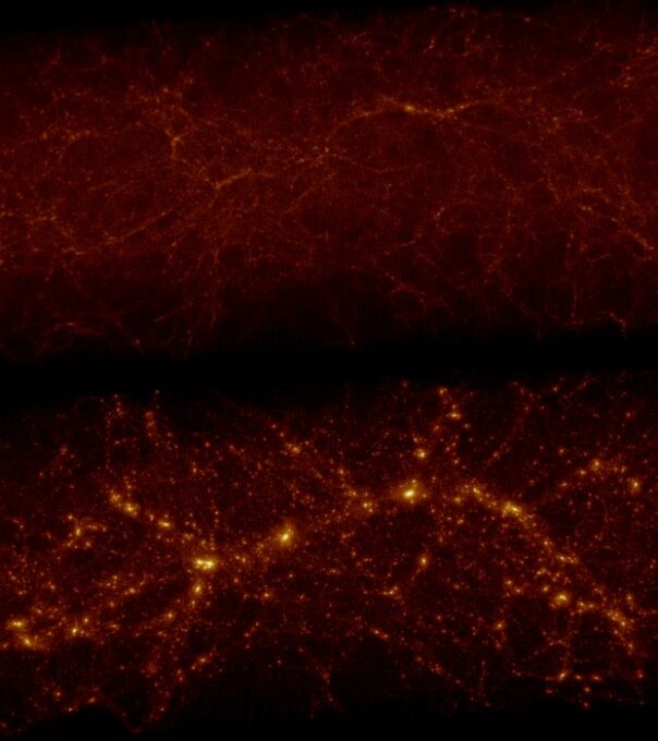 En haut, cette section de l'univers observée par un biais de 11 milliards d'années-lumière. En bas, cette section de l'univers telle qu'elle devrait être maintenant.  // Source : Ata et al.