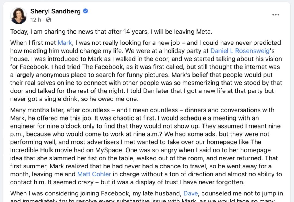 Le début du long message de Sheryl Sandberg. // Source : Facebook
