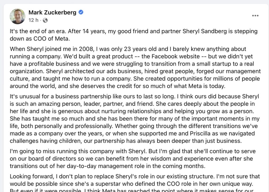 Le message de Zuckerberg après l'annonce de Sandberg. // Source : Facebook