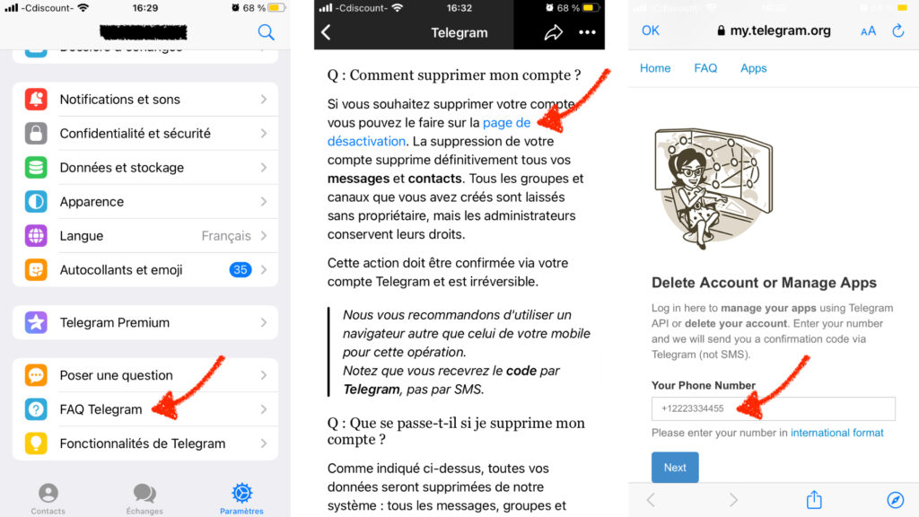 Étapes à suivre pour supprimer son compte. // Source : Captures d'écran Telegram sur iOS