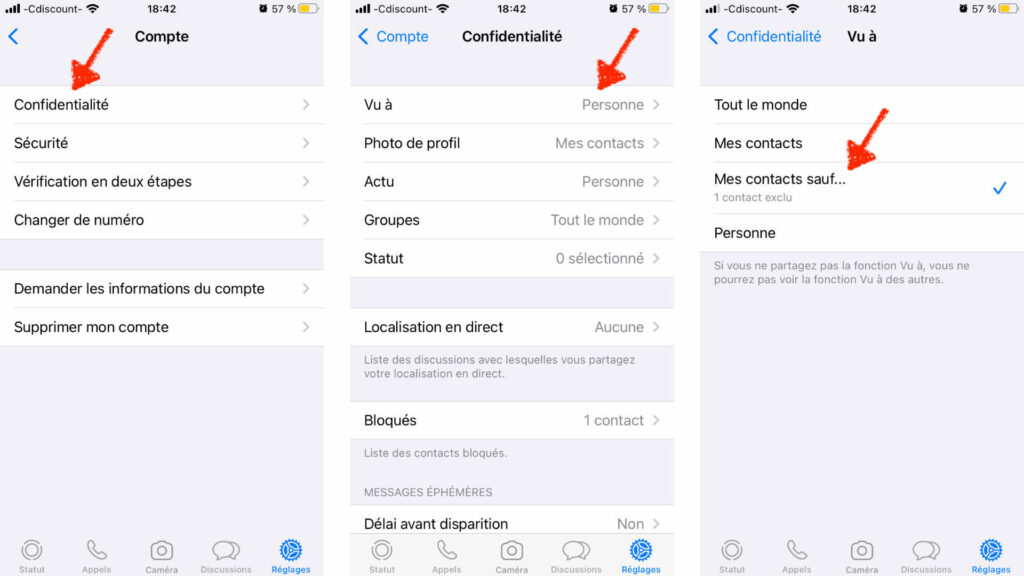 Enlevez la mention « vu », à certains contacts seulement. // Source : Captures d'écran WhatsApp sur iOS