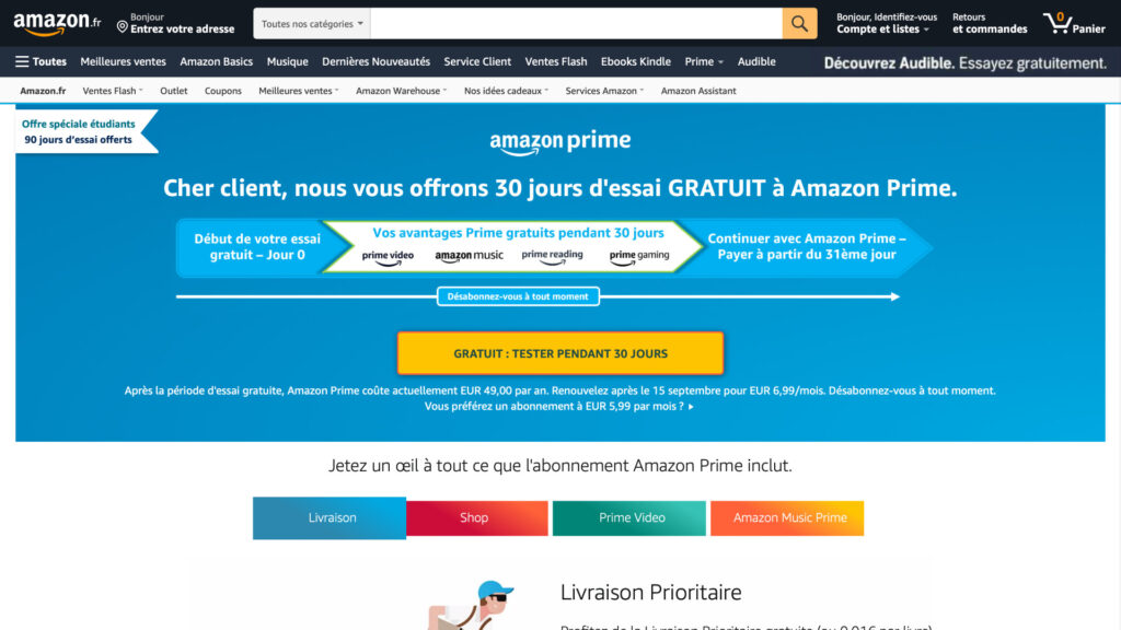 La page pour s'abonner à Amazon Prime. // Source : Capture d'écran Amazon