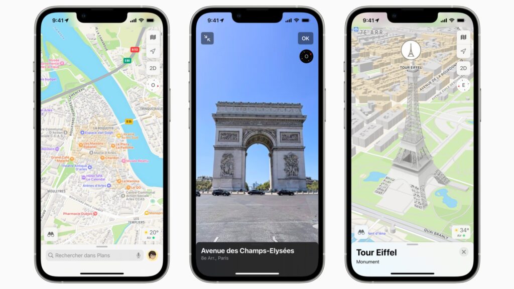 Captures d'écran du nouvel Apple Maps en France. // Source : Apple