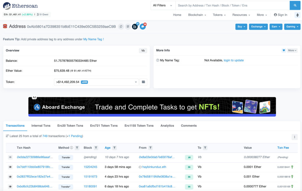 Le portefeuille de Vitalik Buterin sur Etherscan // Source : Capture d'écran Numerama