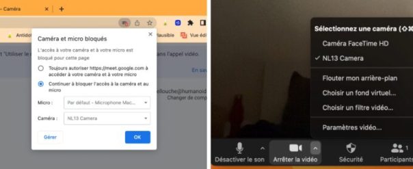 Google Chrome, à gauche, n'accepte pas la caméra de l'iPhone. Zoom, en revanche, le voit comme une webcam normale. À vous d'activer ensuite les réglages dans le centre de contrôle. // Source : Captures Numerama