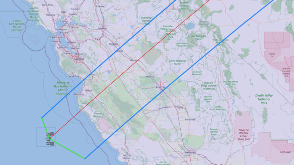 Trajectoire de l'ISS au-dessus de la Californie. // Source : Via Twitter @ISSAboveYou