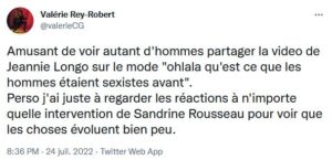 Valérie Rey-Robert est autrice (elle fait référence à un extrait d'une émission TV datant de 1987, où la cycliste Jeannie Longo subit des critiques misogynes de confrères) Valérie Rey-Robert est autrice (elle fait référence à un extrait d'une émission TV datant de 1987, où la cycliste Jeannie Longo subit des critiques misogynes de confrères)